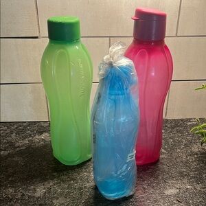 Tupperware Trio Bottle Set of 3 ECO Bottles Green, Pink, Blue